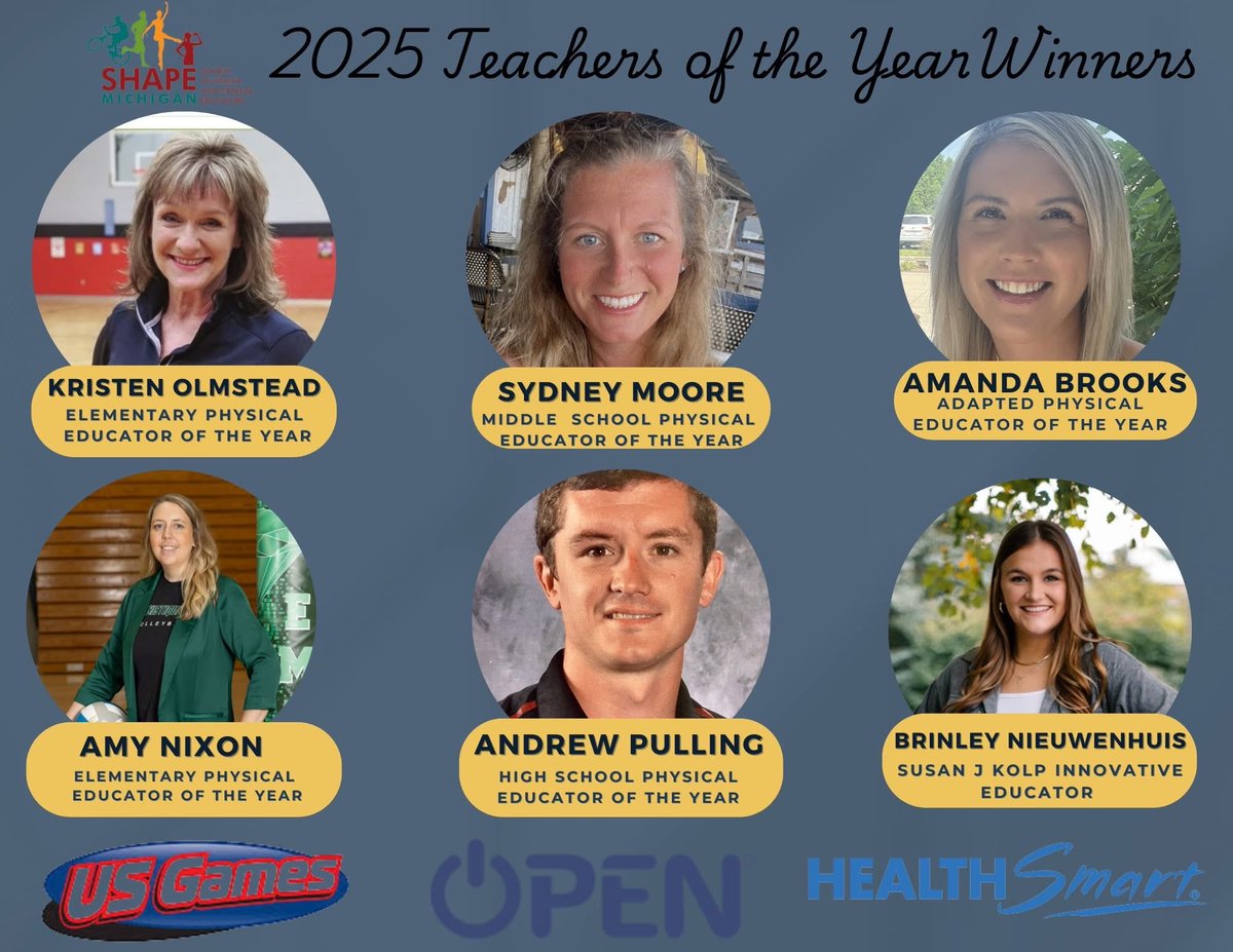 MAHPERDMichigan's tweet photo. Congratulations to the 2025 SHAPE Michigan Teachers of the Year.   Come celebrate these individuals at the upcoming convention! https://t.co/8Tv6xreIb9
