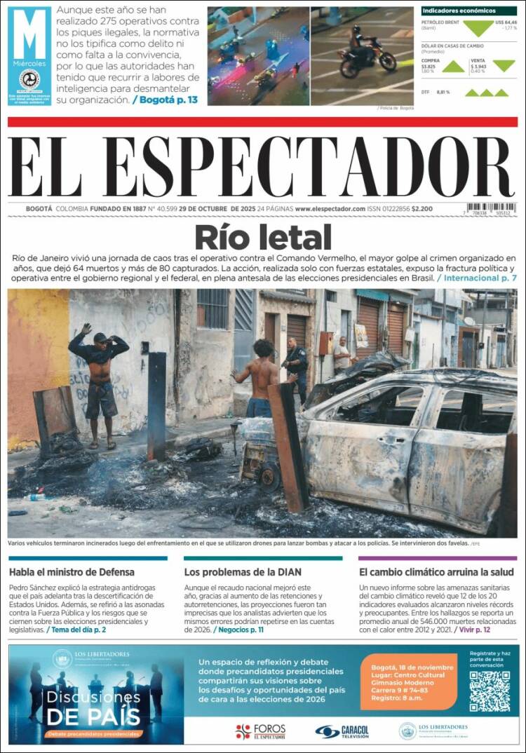 manchetempo's tweet photo. Jornais da América Latina que deram foto ou chamada de 1ª página para o que aconteceu ontem no Rio:

El Espectador (Colômbia)
Milenio (México)
El Comercio (Peru)
El Universal (Venezuela) https://t.co/UeGaFTo4pb