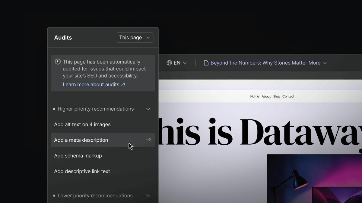 webflow's tweet image. AI is changing how people find and understand information online. With Webflow’s new AI-powered SEO and AEO tools, your site can keep up.
With this update, we’re bolstering the Audit panel with Webflow AI, helping you:
- Audit your entire site for missing alt text, meta titles,…