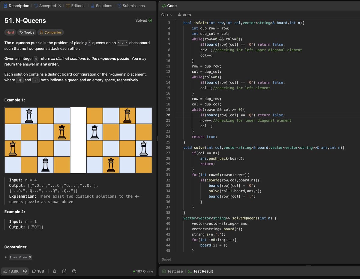 Rohan_269's tweet image. Day 79/200: Solved N-Queens ♕
Used classic backtracking to place queens safely on the board.
Checked each column, row, and diagonal before placing a queen.♟️
#200DaysOfCode #LeetCode #Day79 #CodingChallenge #strivers #A2ZDsa