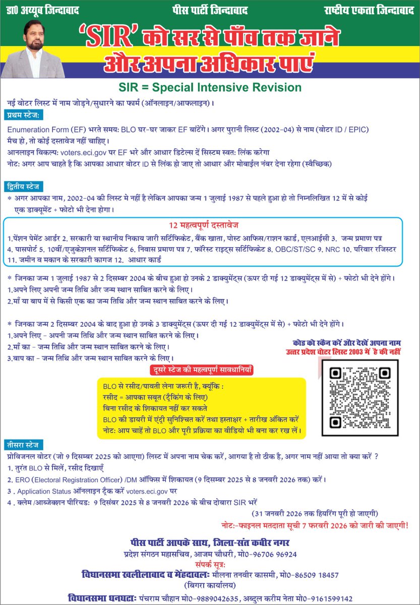AbdulKareemNeta's tweet photo. “विशेष गहन पुनरीक्षण यानी, SIR” में नागरिकों का नाम वोटर लिस्ट में दर्ज होगा।सभी सरकारों ने मुस्लिम समाज का नाम वोटरलिस्ट में दर्ज होने नहीं दिया,पीस पार्टी 2011 में मऊ ज़िले के सर्वे में 37% मुस्लिम का नाम वोटरलिस्ट में नहीं पाया,हाईकोर्ट का,फैसला भी नाम दर्ज नहीं करा पाया था। https://t.co/FCWWfp5PlT