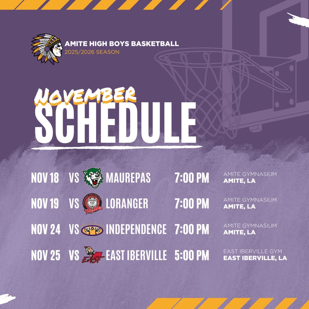 💛💜Amite Warriors Boys Basketball November Schedule!!💜💛
