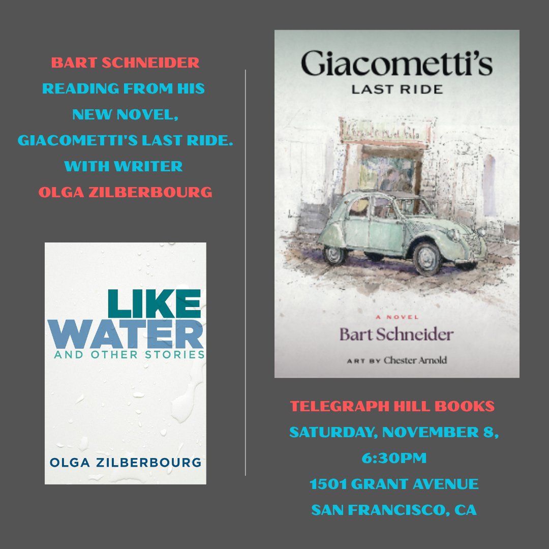 Bart Schneider will be presenting his beautiful book in SF on November 8. A wild, fictionalized story about the last few years of Giacometti's life, it's illustrated by a celebrated Sonoma county artist Chester Arnold. I'll read from my work, too! 
#BookTwitter #fiction #bookish