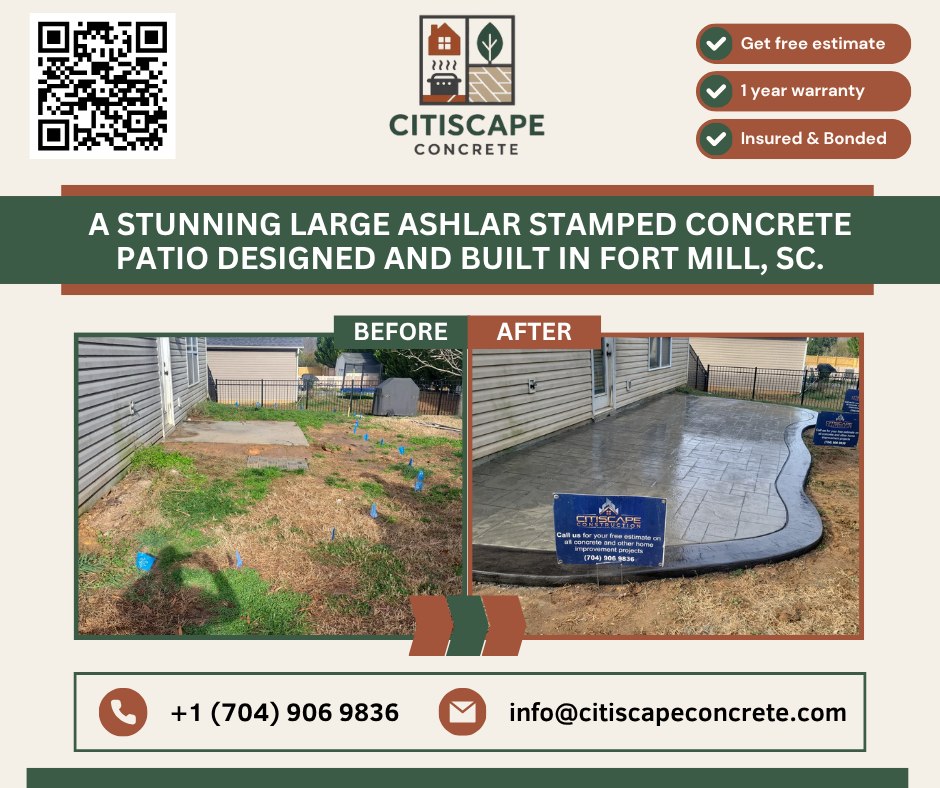 CitiscapeC's tweet photo. A stunning large ashlar stamped concrete patio designed and built for John and Shannon’s family in Fort Mill, SC.

#CitiscapeConcrete #StampedConcrete  #ConcretePatio #FortMillSC #OutdoorLiving #ConcreteCraftsmanship #ElegantPatio  #ConcreteExperts #BackyardGoals #PatioDesign https://t.co/0kZCysss0h