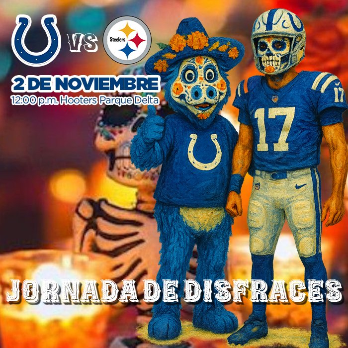 ColtsFansMexico's tweet image. 🐎💙 ¡Hermandad Colts!
Este 2 de noviembre te esperamos en Hooters Plaza Delta para vivir el @Colts  vs @steelers  y celebrar el Día de Muertos con convivencia, sorpresas y premio al mejor disfraz. 👻
12:00 p.m.
#ForTheShoe 💙 @ColtsLife #DiaDeMuertos
