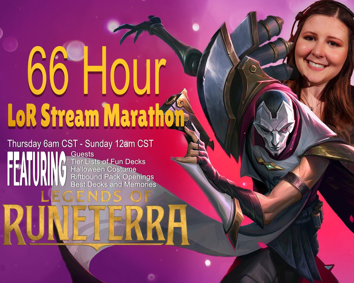 Starting tomorrow at 6am CST I will be streaming LoR for 66 hours! It will be a mix of me playing new and old decks, making tier lists, memories with friends, and playing old videos when I am sleeping. I will be streaming on Twitch as well as attempting my first Youtube stream!