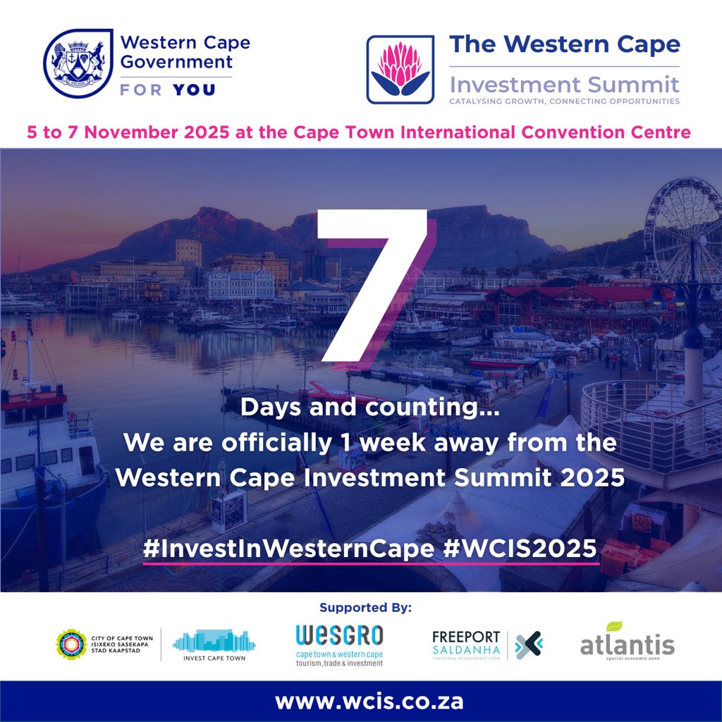 7 DAYS TO GO! 🚀
We're gearing up for our inaugural Western Cape Investment Summit - three days of big ideas, bold investments, and growth opportunities that will shape the future of our province. This summit is where connections happen, deals are sealed, and projects take flight