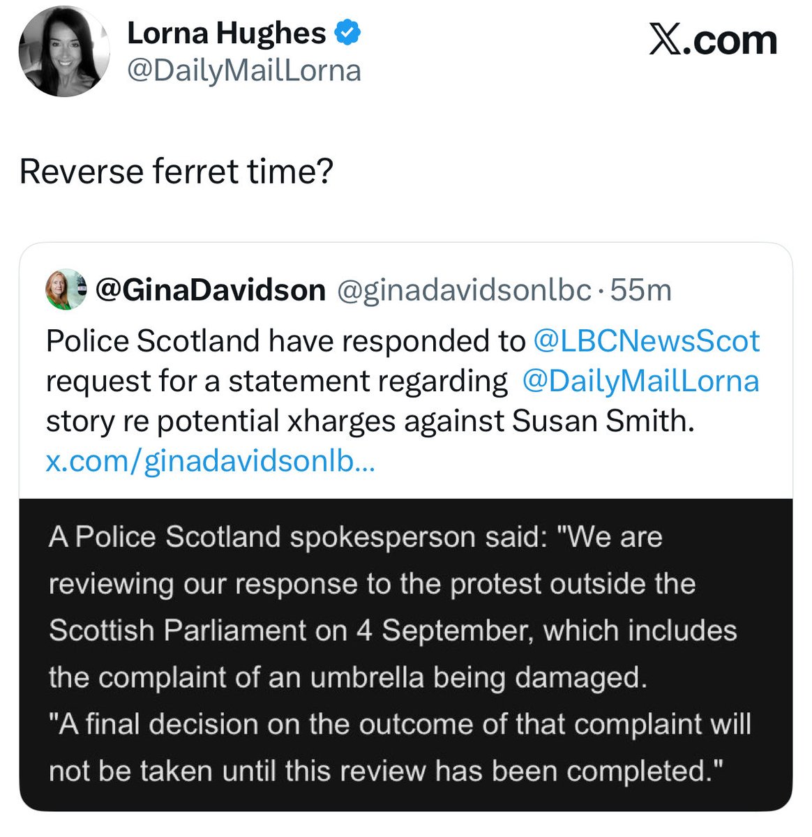 <a href="/PoliceScotland/">Police Scotland</a> are rowing back on their position, which was untenable. The criminal investigation into Susan Smith <a href="/ForWomenScot/">For Women Scotland</a> cannot be kicked into the long grass under the banner of a broader 'review'. Police must now officially confirm they no longer wish to meet her, that