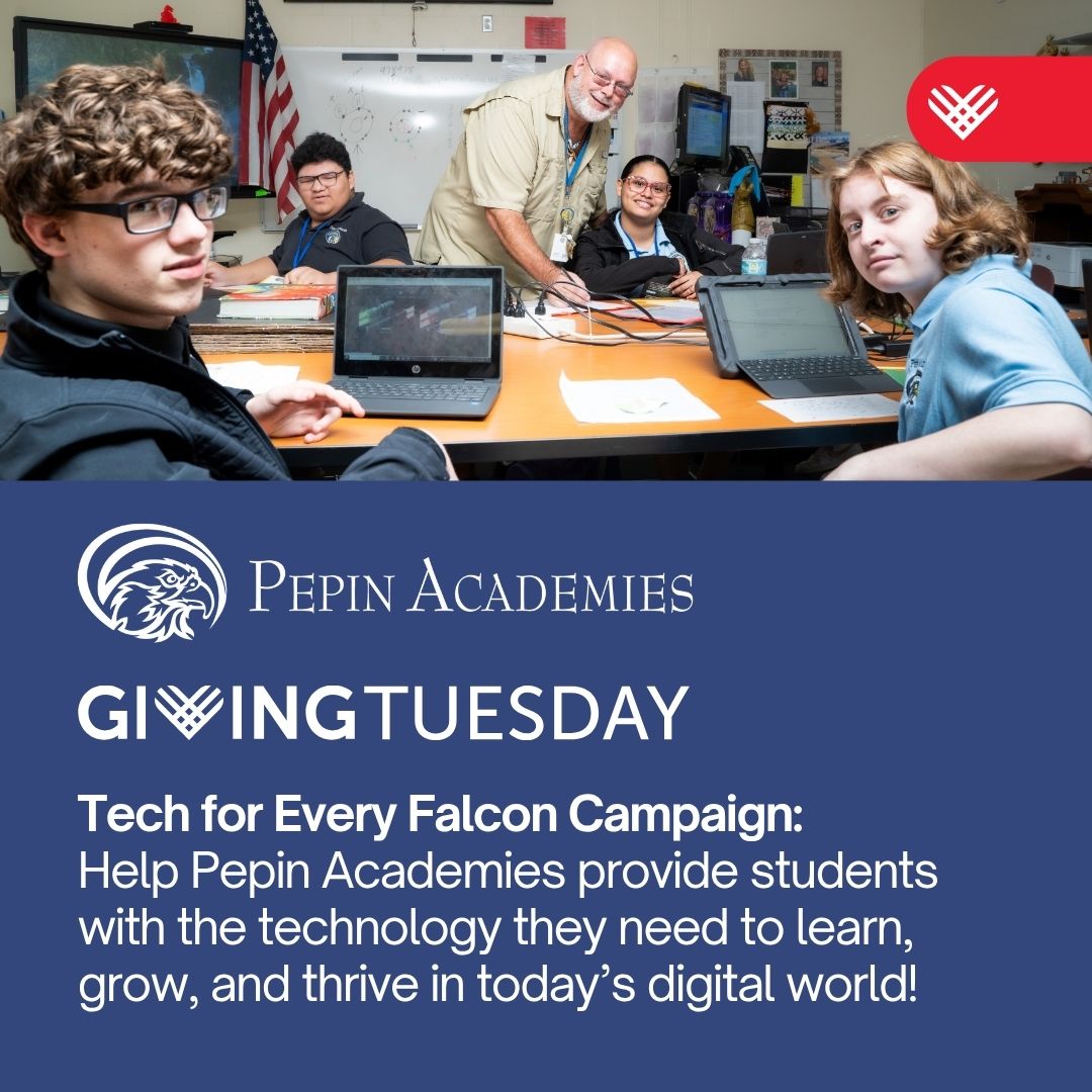 Every student deserves access to the tools that power learning. This Giving Tuesday (Dec. 2), your gift can:
$75 → Provide digital resources for one student
$500 → Fund a student laptop
$800 → Fund a classroom computer cart
#GivingTuesday #TechForEveryFalcon #PepinAcademies
