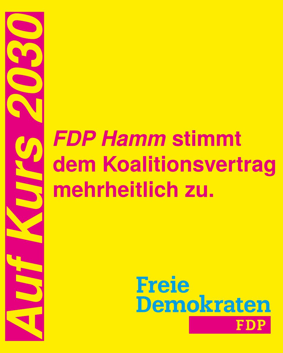 FDP Hamm | Nach einer offenen und fairen Debatte haben sich die Mitglieder der FDP Hamm mehrheitlich für eine Zustimmung zum Koalitionsvertrag „Auf Kurs 2030“ entschieden. 27 Mitglieder stimmten dafür, 17 dagegen. Damit wird die FDP Hamm Teil der Koalition mit SPD, Grünen und