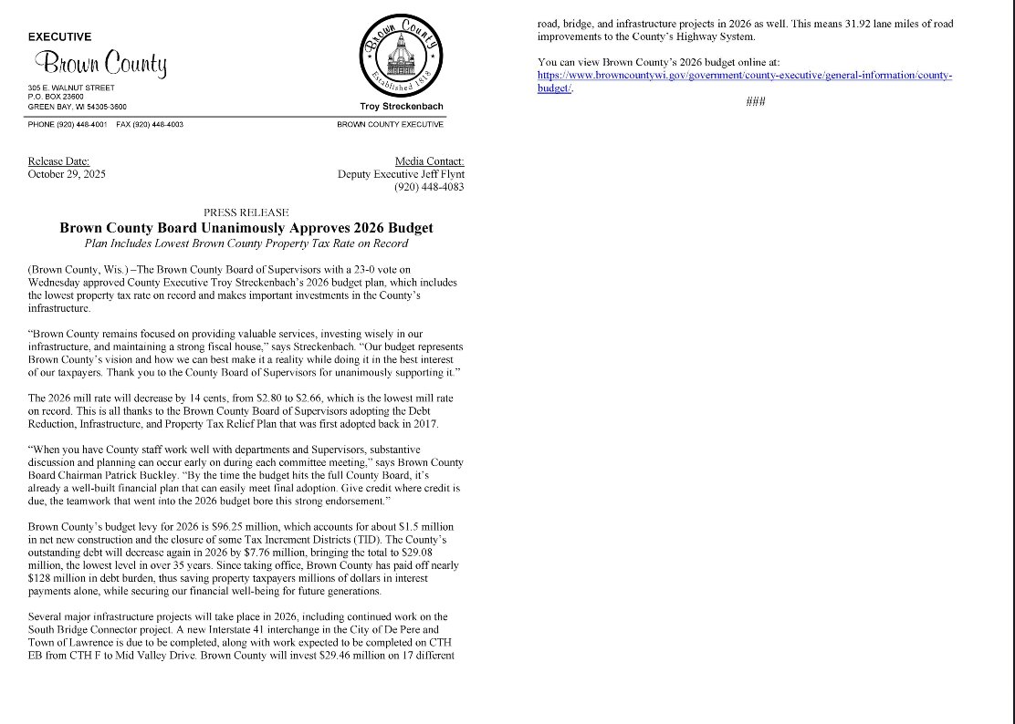 BrownWIExec's tweet image. &quot;Our budget represents Brown County&apos;s vision and how we can best make it a reality while doing it in the best interest of our taxpayers.&quot; 

Thank you to the @browncountywi Board of Supervisors for the #UnanimousDecision to approve the 2026 Budget!