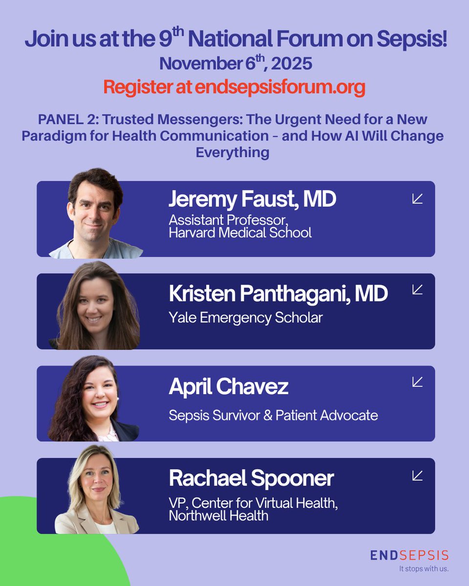 EndSepsis's tweet image. Nov 6: The 9th National Forum on Sepsis streams worldwide.

Here’s a preview of our second panel, featuring @jeremyfaust, @kmpanthagani, @achavez1019 and Rachael Spooner 

Free CE credits available. Register at endsepsisforum.org