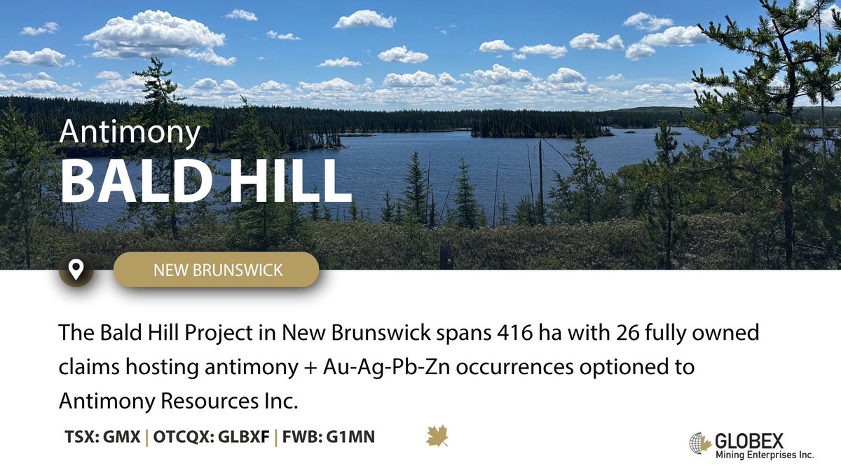 Globex’s Bald Hill Project in New Brunswick spans 416 ha with 26 fully owned claims hosting antimony + Au-Ag-Pb-Zn occurrences optioned to Antimony Resources who are actively exploring Bald Hill. 

Learn more: ow.ly/PtH550Xh4ur

TSX: GMX | OTCQX: GLBXF | FWB: G1MN
