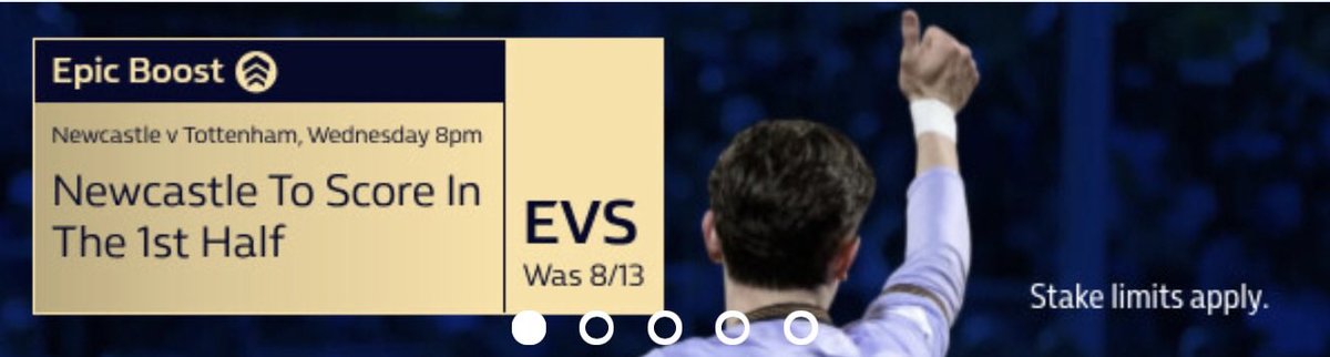 Epic Boost⚡️ 

<a href="/WilliamHill/">William Hill</a>

⚽️Newcastle to score in 1st half

At home (Last 14/15)
1,1,0,1,2,0,1,0,0,1,1,4,1,1,1

Overall (Last 6/13)
1,1,0,0,2,1,2,0,0,1,0,0,0

H2H (Last 8/9)
1,1,1,2,5,1,1,0,1