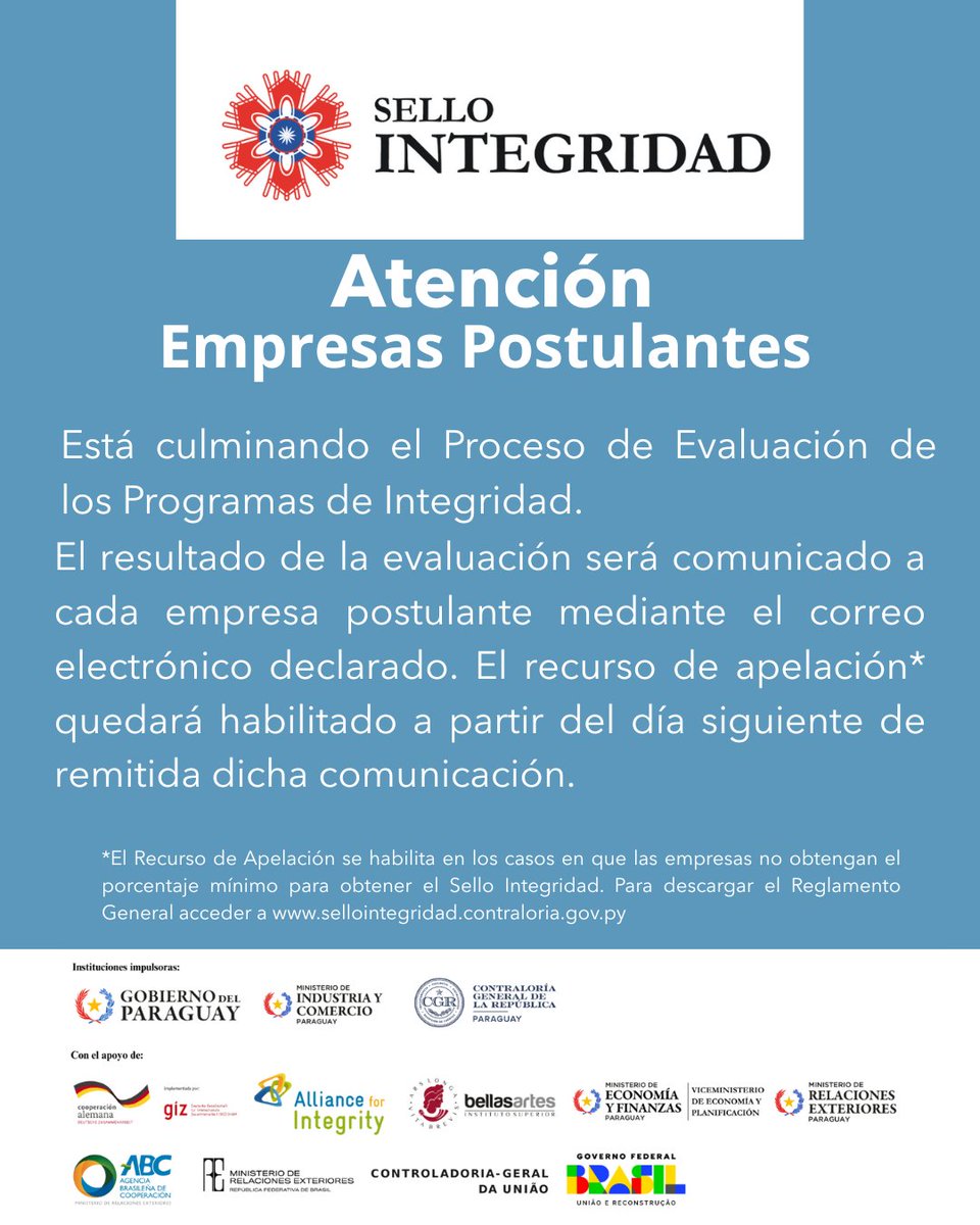 ATENCIÓN EMPRESAS POSTULANTES. Nos encontramos en la etapa final del proceso de evaluación. Las comunicaciones oficiales se enviarán a los correos electrónicos declarados por cada empresa. En caso de no obtener el Sello Integridad, podrá presentar el Recurso de Apelación.