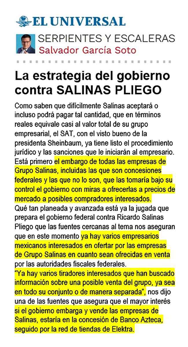 ✍FACTIBLE, EL EMBARGO. ✍Cambiarían de dueño #TvAzteca y #Elektra. Ya se apuntan empresarios privados para entrarle a la subasta. ✍Columna completa: serpientesyescaleras.mx/la-estrategia-…