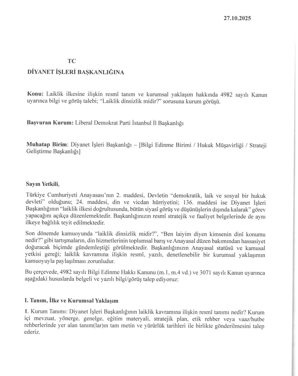 HasanKulaksiz's tweet image. Diyanet&apos;e &quot;Laiklik dinsizlik midir?&quot; diye RESMİ başvuru yaptık! 

Artık laf değil, BELGE istiyoruz. 4982&apos;ye dayanarak şunları sorduk:

1. Kurumsal laiklik tanımı nedir?

2. &quot;Laiklik dinsizliktir&quot; iddiasına resmi pozisyonunuz ne?

3. Hutbe ve eğitimlerde bu nasıl işleniyor?

4.…