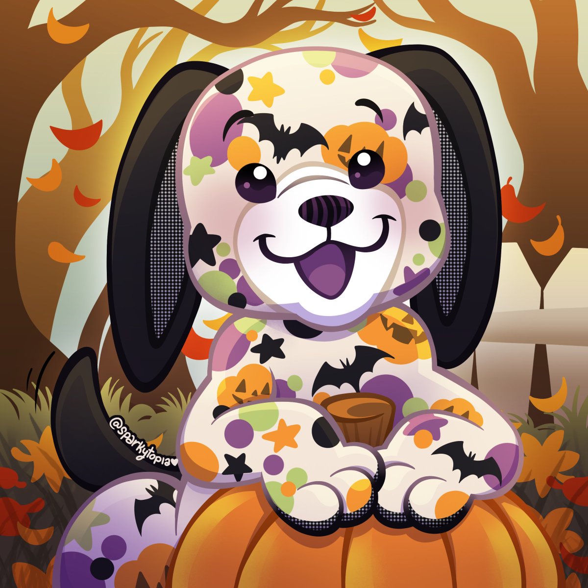 🎃✨ Fan Art Feature!
We absolutely love this adorable Spooky Pup by the talented <a href="/sparkytopia/">sparky! 🍂</a>! 🐾💜🧡
From bats to pumpkins, this pup is ready for a paw-fectly festive Halloween in Kinzville.
Let's hear it for this beautiful piece in the comments!

#Webkinz