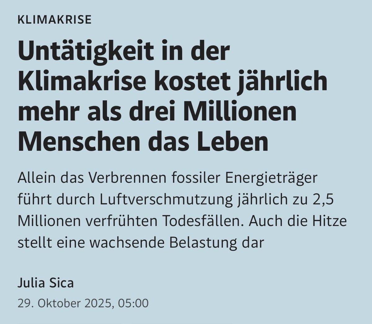 Klimakatastroph's tweet image. Untätigkeit in der #Klimakrise führt jährlich zu 2,5 Millionen (!) verfrühten Todesfällen.
Umstellung auf eine gesündere, klimafreundlichere Ernährung &amp;amp; nachhaltigere Agrarsysteme könnten  über 10 Millionen Menschenleben (!) / Jahr retten.

Artikel: derstandard.at/story/30000002…
