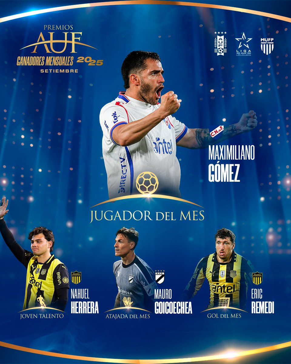🎮 𝗣𝗿𝗼́𝘅𝗶𝗺𝗼 𝗻𝗶𝘃𝗲𝗹

Estos jugadores superaron la prueba de setiembre y los #PremiosAUF:

-Maximiliano Gómez (Mejor jugador)
-Nahuel Herrera (Joven talento)
-Mauro Goicoechea (Mejor atajada)
-Eric Remedi (Mejor gol)

📲 auf.org.uy/se-definieron-…

#FábricaDeTalentos🌎