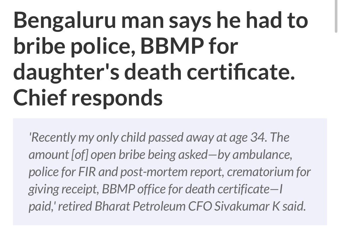 BelladArvind's tweet image. A heartbreaking post by former BPCL CFO Sivakumar has shaken Bengaluru’s conscience. After losing his only daughter to a brain hemorrhage, he was forced to pay bribes at every step — from the ambulance driver and police to the crematorium and BBMP. Even in grief, the system…