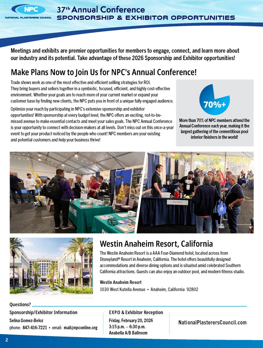 NPC88's tweet image. Join the National Plasterers Council for the 37th Annual Conference, February 18–20, 2026, at The Westin Anaheim Resort —
Learn more &amp;amp; become a sponsor/exhibitor today

nationalplastererscouncil.com/annual-confere… 

#npcannualconference #flexyourfinish #poolpro #poolprofessionals #poolplastering