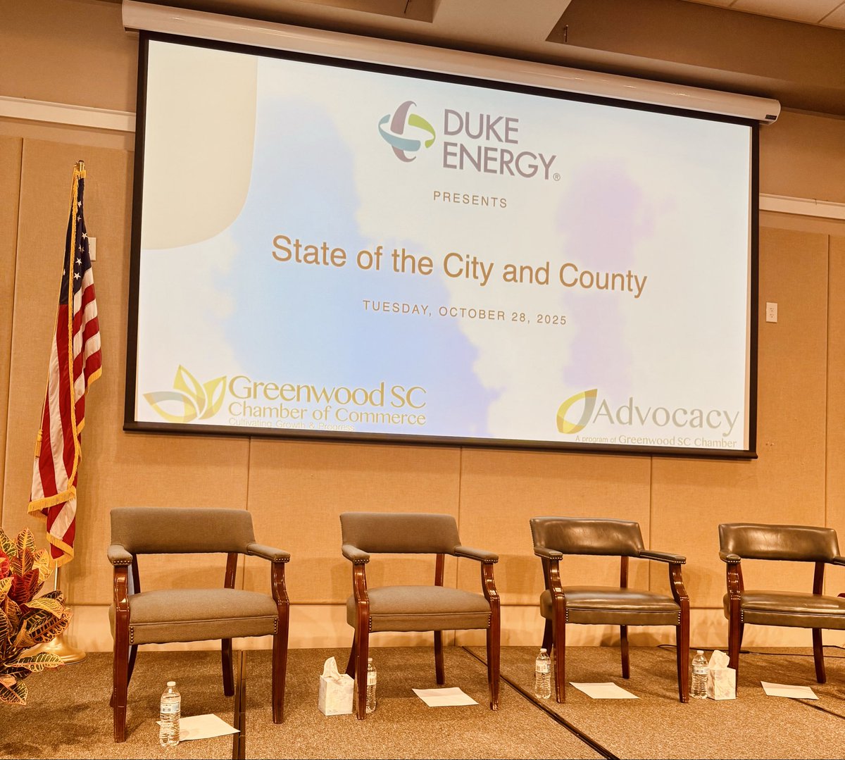 TheoLane13's tweet photo. After giving @DukeEnergySC sponsor welcome remarks to regional elected officials & business leaders, I was honored to fill
my panel seat for #StateOfCounty/City luncheon. Thanks @GreenwoodChamber for hosting a great event ! https://t.co/y4Ieh7CJTE