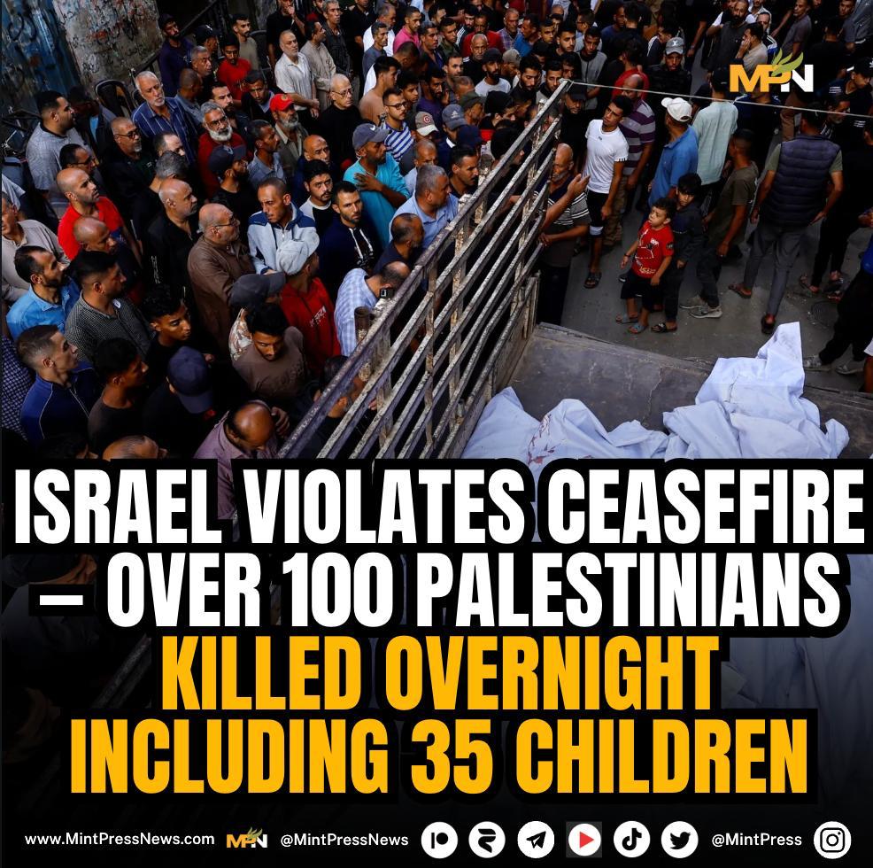 In blatant violation of the U.S.-brokered ceasefire, Israeli forces killed at least 104 Palestinians, including 35 children, across the Gaza Strip overnight, according to medical sources.

The deadliest strike hit Deir al-Balah, where a tent sheltering displaced families was