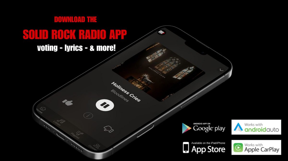 Download the Solid Rock Radio App.

• Stream Christian Rock 24/7
• Vote for songs
• Read lyrics
• Connect with artists

On Apple &amp; Android. 
Works with CarPlay &amp; Android Auto.

Search your app store.

#christianrock #solidrockradio #RockRadio