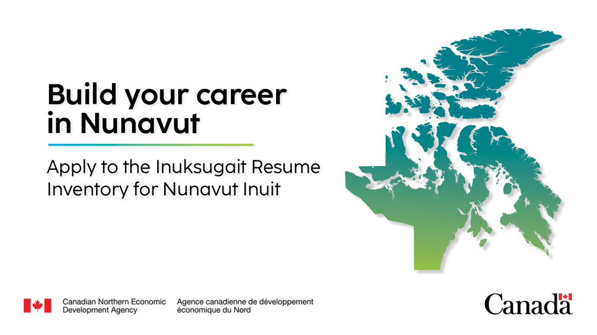 Build your career with the Government of Canada in #Nunavut! 
Apply online to the Inuksugait Resume Inventory for Nunavut Inuit or contact us at 867-975-3727 or pilimmaksaivik@cannor.gc.ca to learn more.
ow.ly/LQlx50XjSYu