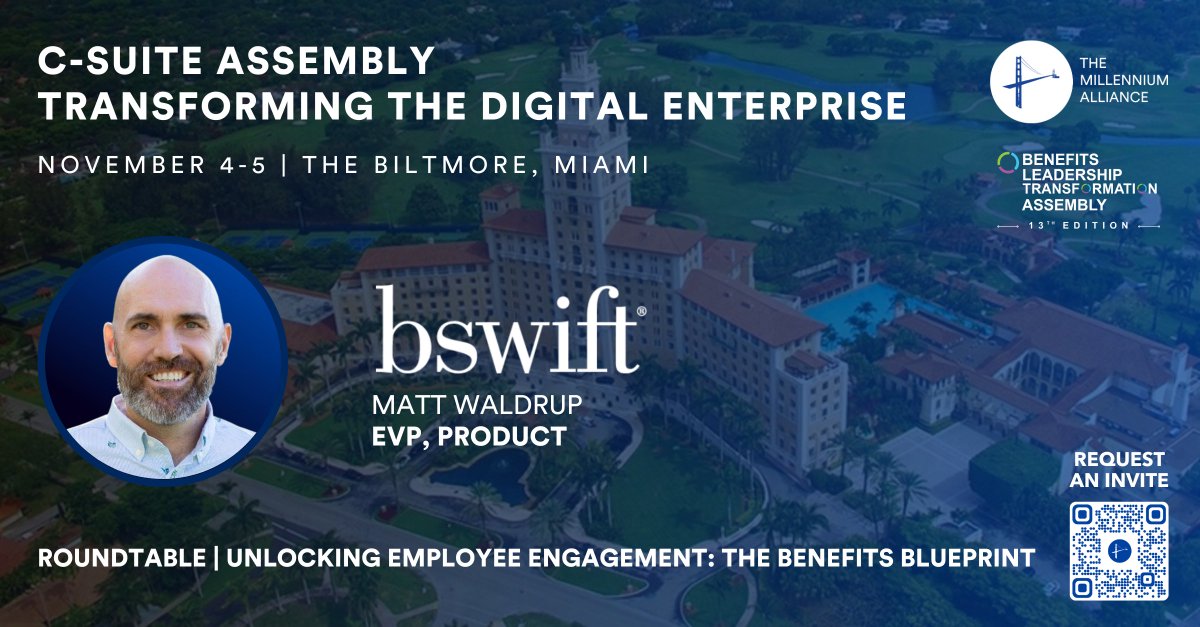 bswiftbenefits's tweet image. Join Matt Waldrup, EVP, Product at #bswift, for a powerful discussion at the Benefits Leadership Transformation Assembly by The Millennium Alliance. Discover how personalized benefits communication can be the key to higher engagement and lasting retention. #HRLeadership