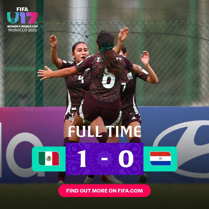 Three female soccer players in maroon jerseys with numbers 7 and 8 on the back, one with a headband, celebrating by hugging and raising arms on a green field with blue stadium seating in background, full time score overlay shows Mexico flag 1-0 Paraguay flag, FIFA U17 Womens World Cup Morocco 2025 logo, Hyundai sponsor text, find out more on fifa.com button.