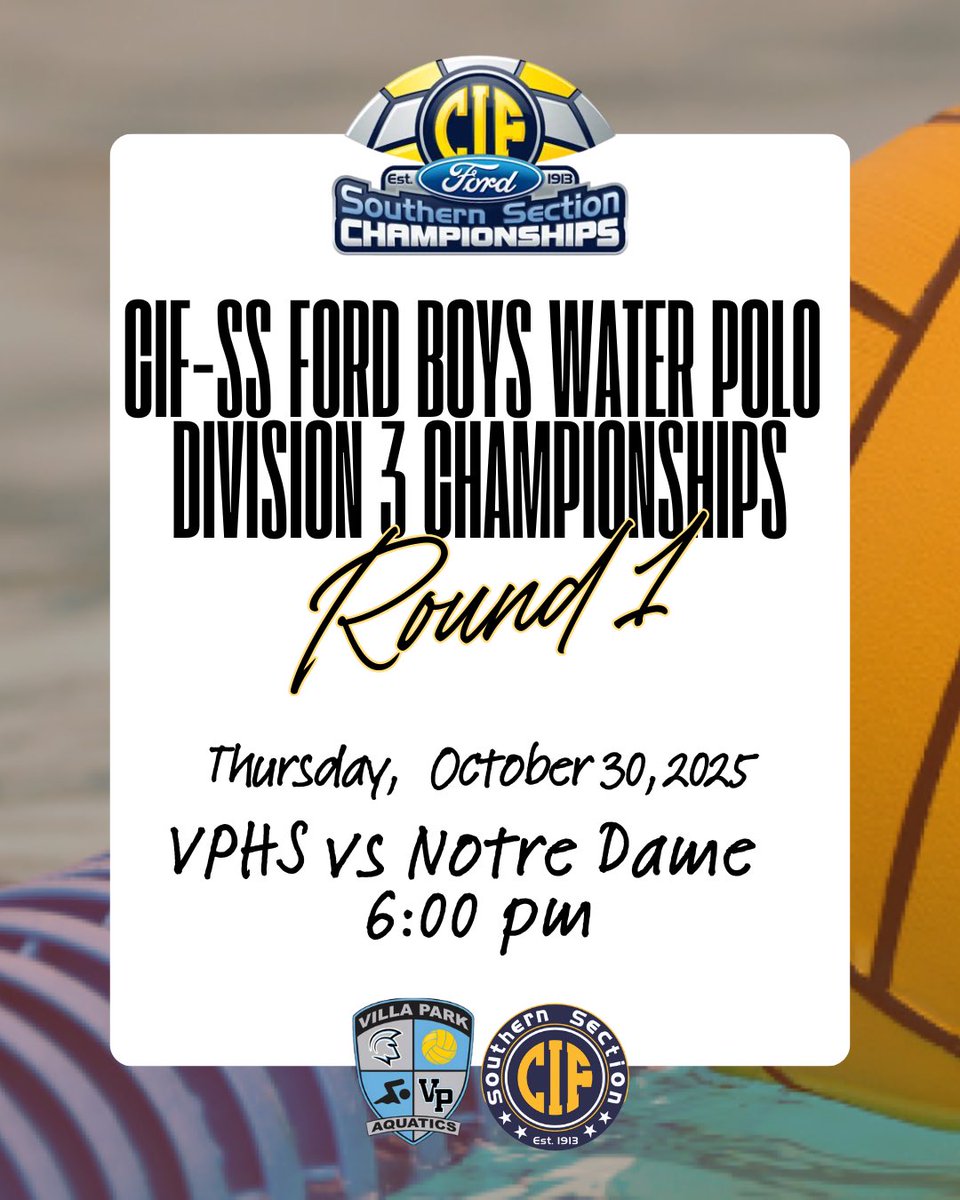 Get ready for an epic first-round clash in the CIF-SS Division 3 playoffs! 🤽 🤽‍♂️ 
Let’s Go Spartans! 🩵 🖤 
Matchup: Villa Park Spartans vs. Notre Dame Knights
📅 Date &amp; ⏰ Time: Thursday, October 30, 2025 | 6:00 PM
📍 Location: Notre Dame HS. 13645 Riverside Dr
Sherman Oaks, CA
