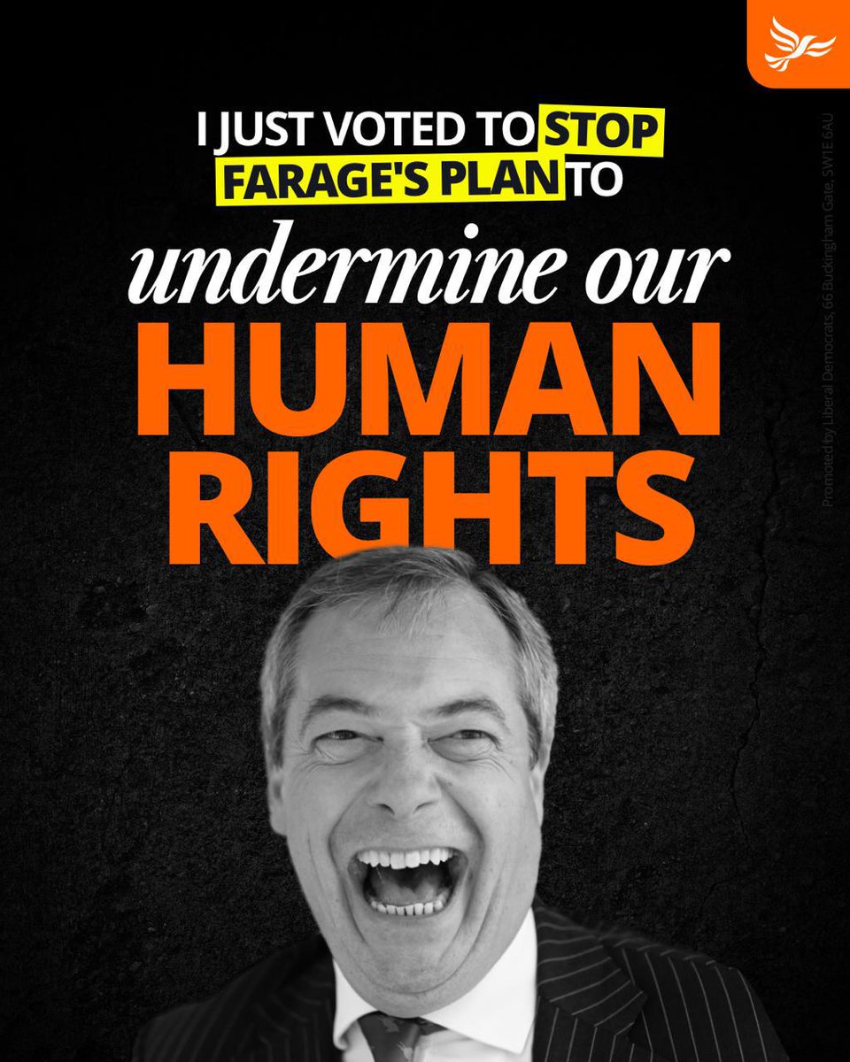 pippaheylings's tweet photo. Lib Dem MPs showed up in force today to vote down Farage's destructive bill to withdraw from the ECHR. No thanks, Nigel! https://t.co/WrP5jNZReJ