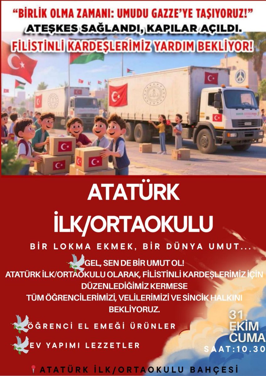 Sincikataturk's tweet photo. 🇹🇷🤝🇵🇸 Gazze için el ele!
Atatürk İlk/Ortaokulu olarak, Cuma günü Gazze’deki kardeşlerimiz yararına bir kermes düzenliyoruz.
Tüm Sincik halkını, velilerimizi ve öğrencilerimizi bu anlamlı dayanışmaya davet ediyoruz. ❤️🇹🇷🇵🇸
@SezenEce2
@SincikMem @adiyamanmem @Yusuf__Tekin https://t.co/3JVDInVQFj