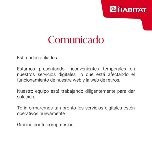 limatimespe's tweet photo. #RetiroAFP | AFP Habitat reporta inconvenientes en su sistema desde hace más de una hora y usuarios están impedidos de gestionar el retiro de sus fondos.
PRIMA AFP también presenta fallas de acceso a su web, según van reportando los aportantes en Facebook. https://t.co/JgWjBSKBRK