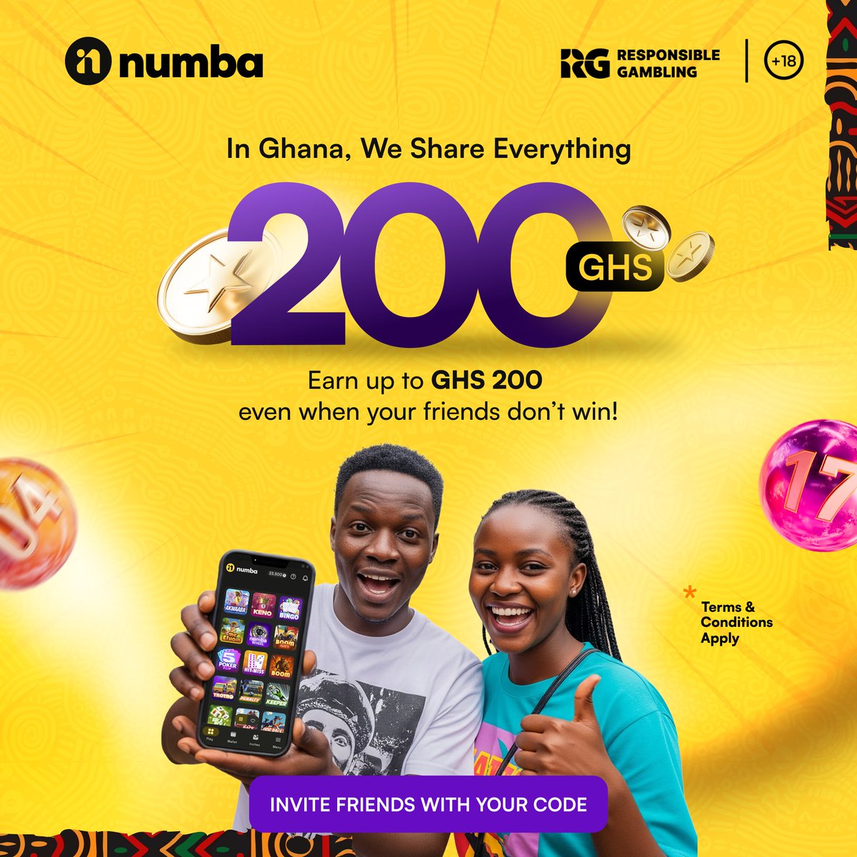 Numbagh's tweet photo. In Ghana, We Share Everything — Win 200 GHS  When Your Friend Plays!

#NumbaGhana #ReferAndEarn #ShareTheWin #GhanaFriends #BonusForYou #InviteAndWin #NumbaReferral #PlayTogetherWinTogether #NumbaBonus #Nino #AchimotaRetailCentre #AccountabilitySeries https://t.co/l0NYMOvoOH