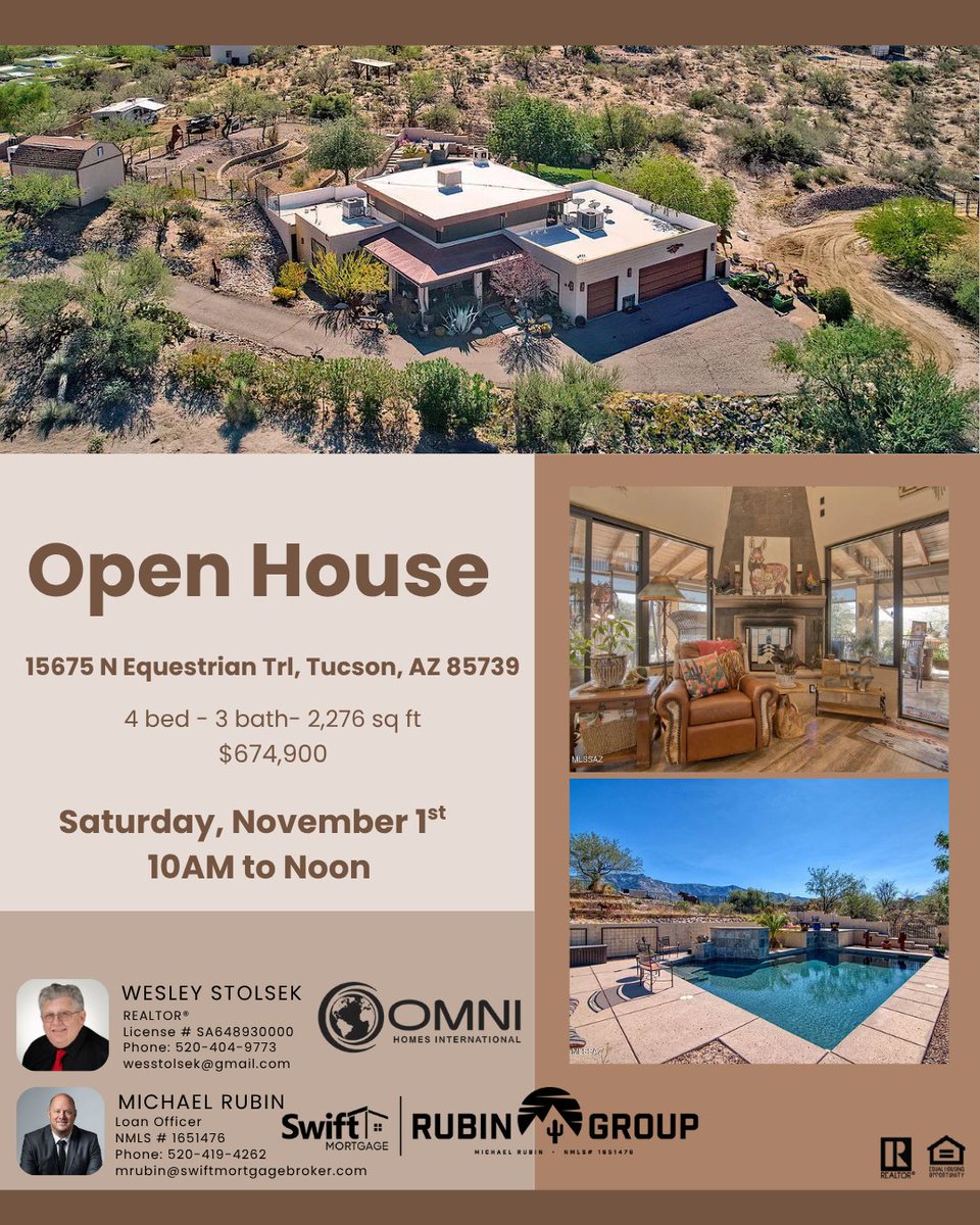 stolsek's tweet photo. Open  house Saturday, November 1, 2025 on this beautiful incredible home with  Horse Property.  Come see the miniature horse.  I will be there from  10AM to Noon.  Wes Stolsek, OMNI Homes International, 520-404-9773. https://t.co/gYrKjPoIWP