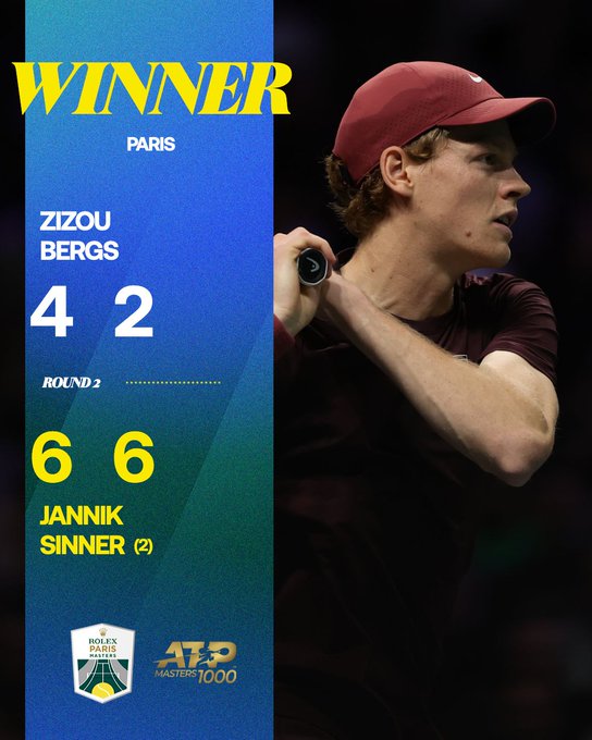 Graphic overlay on a tennis court background displays Winner Paris in yellow text at top left with Zizou Bergs name below it. Zizou Bergs is shown in a red cap holding a tennis racket in a serving pose wearing a maroon shirt. Score reads 4 2 Round 2 on blue background. Right side features Jannik Sinner name in blue with ATP logo and score 6 6 on gradient background. Bottom includes Rolex Paris Masters ATP 1000 logos.