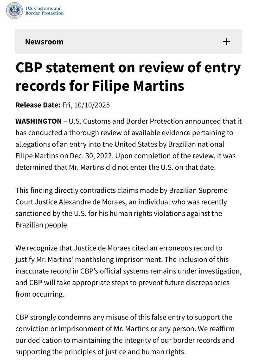 MachadoDarlon's tweet image. 🚨 URGENTE: Alfândega dos EUA divulga comunicado sobre o caso de Filipe Martins e esclarece de uma vez por todas que Alexandre de Moraes usou um registro falso de entrada no país para justificar a prisão do ex-Assessor de Bolsonaro.

“Reconhecemos que o Juiz Moraes citou um…