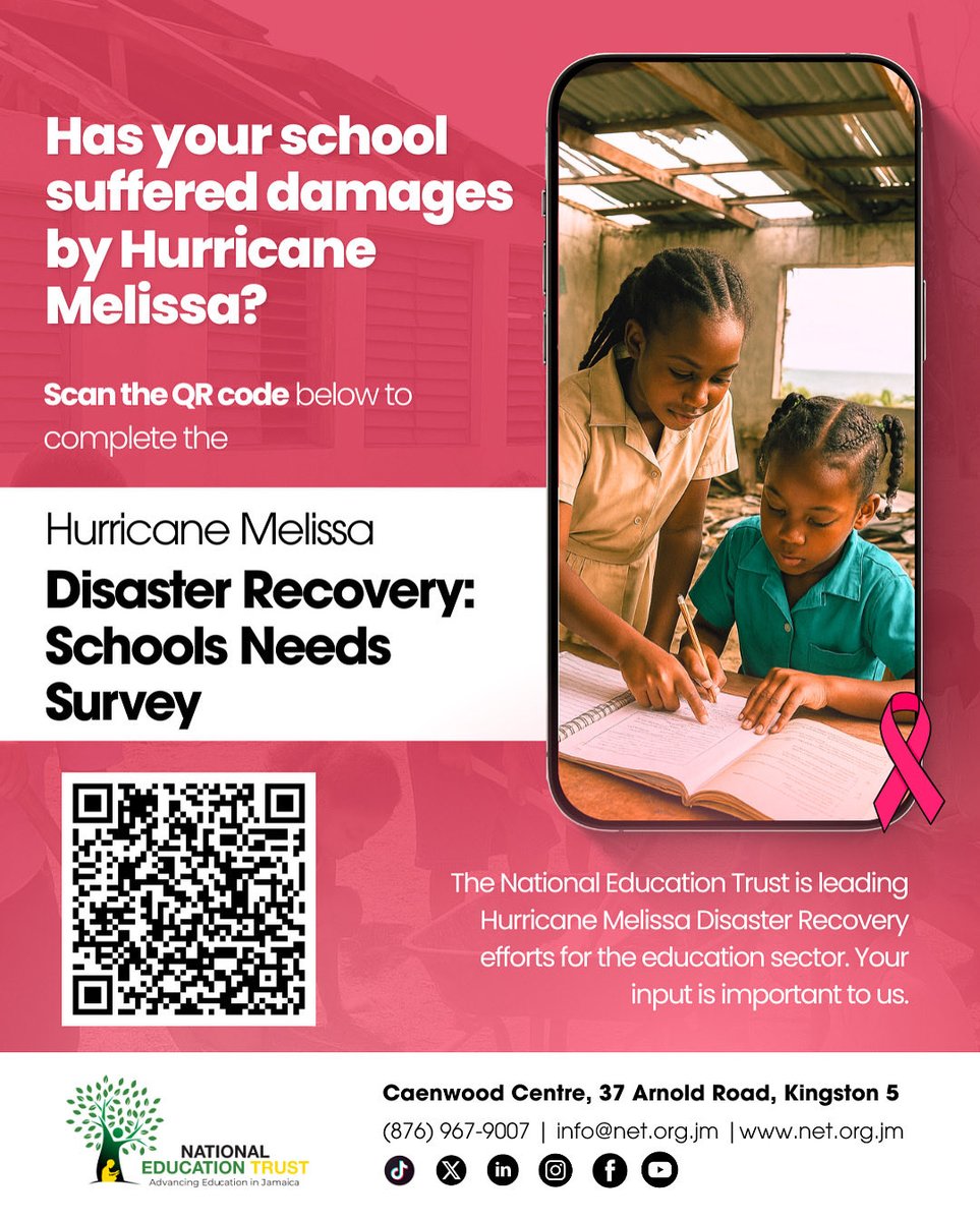Has your school been affected by Hurricane Melissa? 🏫🌪️💨

Scan the QR code on the graphic or click the link below to complete the Hurricane Melissa Schools Needs Survey.

Link: forms.gle/iGhADurx9J97ec…

Your input is vital to us.

#HurricaneMelissa #SchoolRecovery #NETJamaica