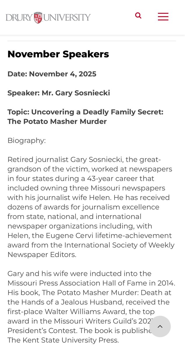 GaryCrime's tweet image. My 40th book program since "The Potato Masher Murder" was published will be for The Institute for Lifelong Learning at 2 p.m. Tuesday, Nov. 4, at the Olin Library (lower level), Drury University, Springfield, Mo. For information: drury.edu/mature-learner… @KentStateUPress