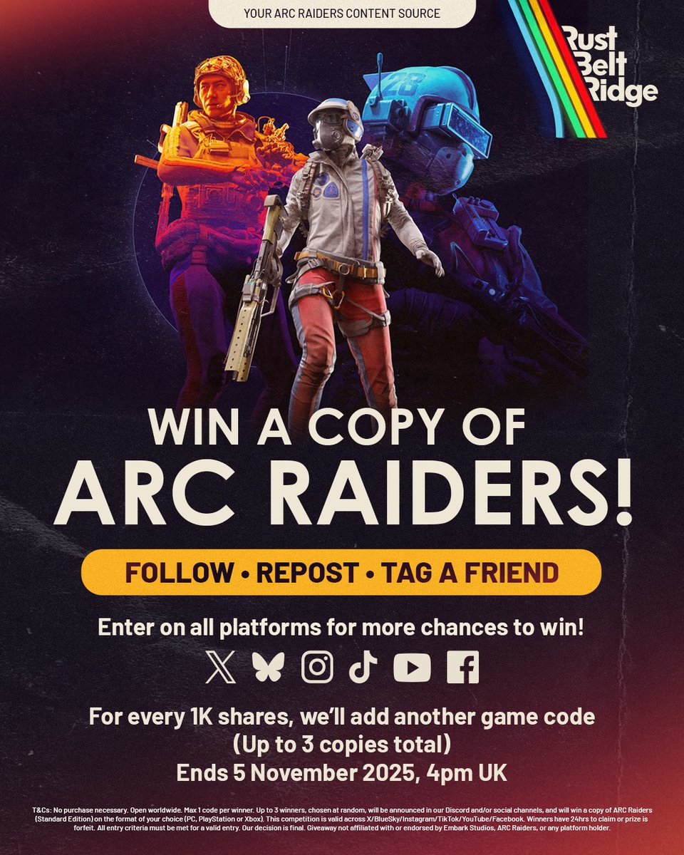 RustBeltRidge's tweet image. 🎮 ARC RAIDERS LAUNCH GIVEAWAY 🚀

Win a copy of ARC Raiders on your platform of choice!

💥 Up to 3 codes to unlock!
➡️ Follow @RustBeltRidge &amp;amp; @IceCreamUploads
➡️ Like + RT
➡️ Tag your duo 👥

🌍 All platforms/regions can enter | ⏰ Ends 5 Nov 2025

#ARCRaiders #Giveaway