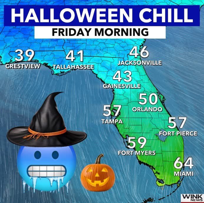 *HALLOWEEN CHILL* is ahead for Florida! No tricks, just treats this year with lower humidity and cooler weather. By Friday morning, 40s and 50s will cover most of the state with even a few 30s in the Panhandle! 🥶🎃 <a href="/winknews/">WINK News</a>