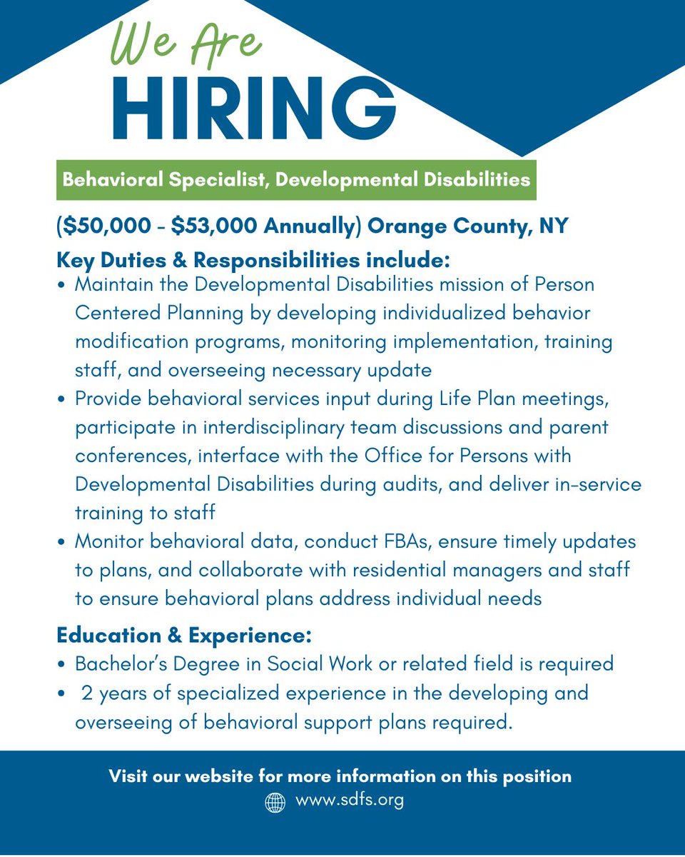 sdfs_ny's tweet image. We&apos;re currently hiring a Behavioral Specialist in our Developmental Disabilities Department in Goshen, NY. If you or anyone you know is interested, visit the link below and apply today!
vs4.vscyberhosting.com/sdomhome/Caree…
#BehavioralSpecialist #DevelopmentalDisabilities #WeareHiring #Hiring