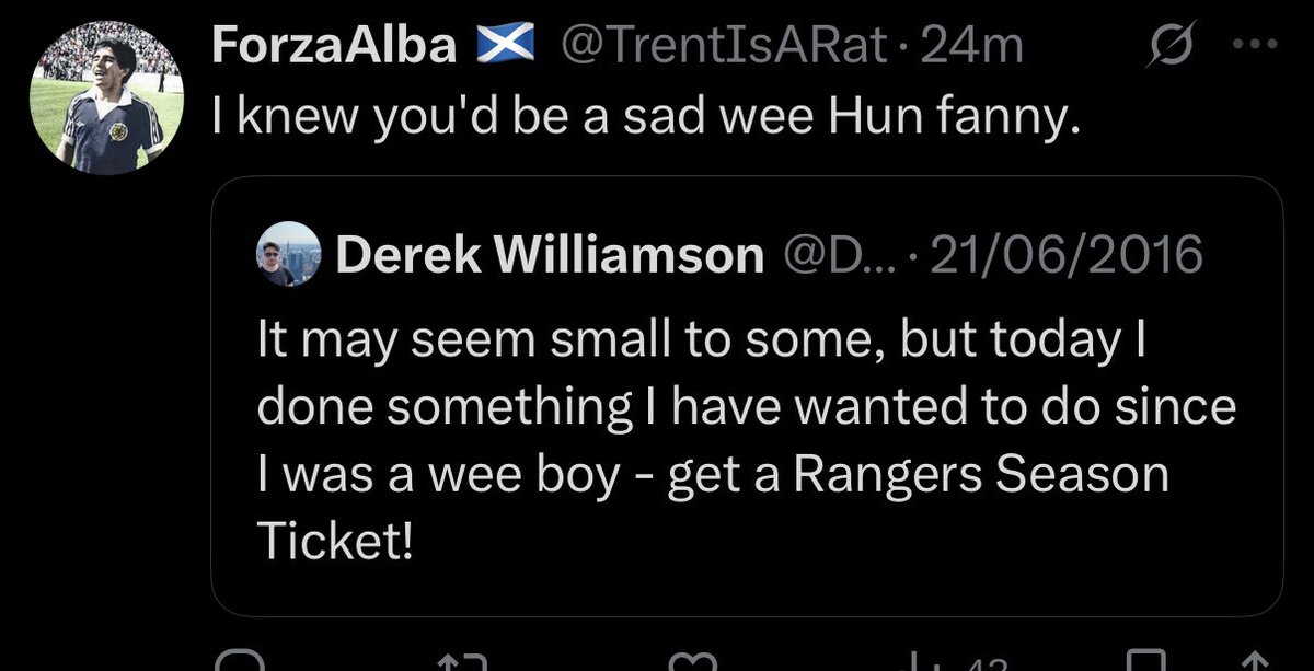 Is it any wonder you rarely get anything of intellect from Scotnats when their level of conversation always drops to ‘big bad Rangers fan’. Utterly pathetic…but expected.