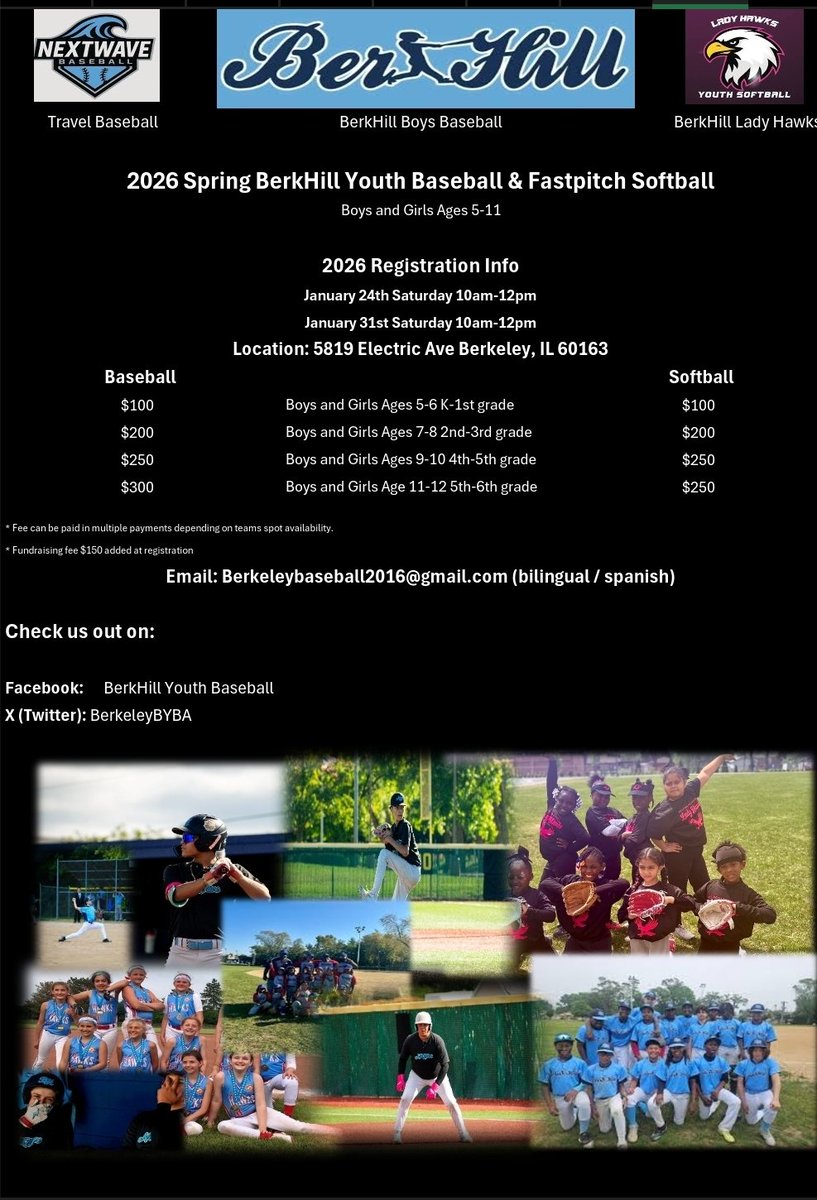 2026 Baseball &amp; Softball In-house Spring Registration.  Registration dates January 24th and 31st 10am-12pm
