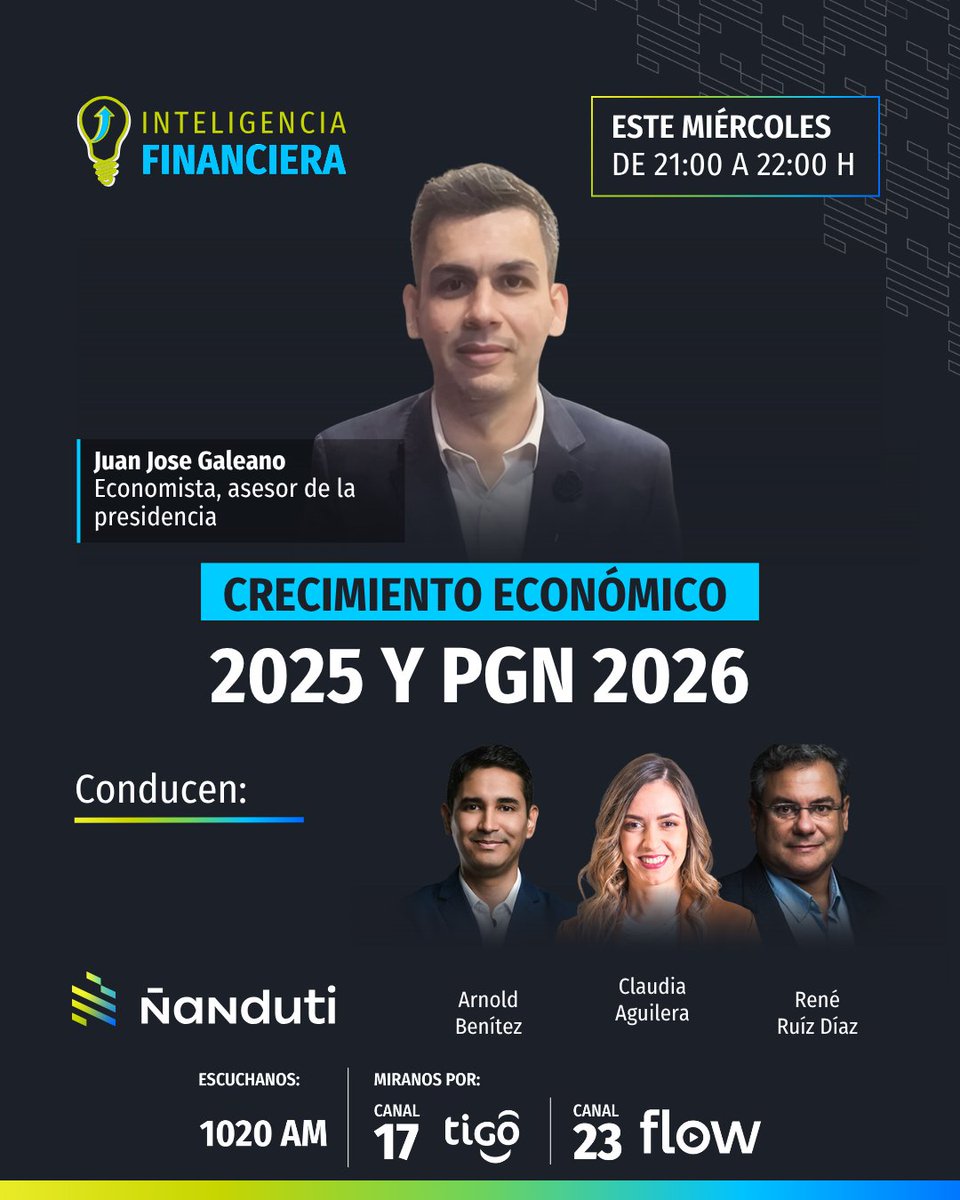 Esta noche, una nueva edición de Inteligencia Financiera 🤩

🎙️ Con la conducción de #ClaudiaAguilera, <a href="/reneruizdiaz/">René Ruíz Díaz</a> y <a href="/arnoldbenitez_/">Arnold Benítez Riveros</a>
 
💡 En esta ocasión, contaremos con la presencia de Juan José Galeano, economista y asesor de la presidencia, con quien conversaremos sobre el
