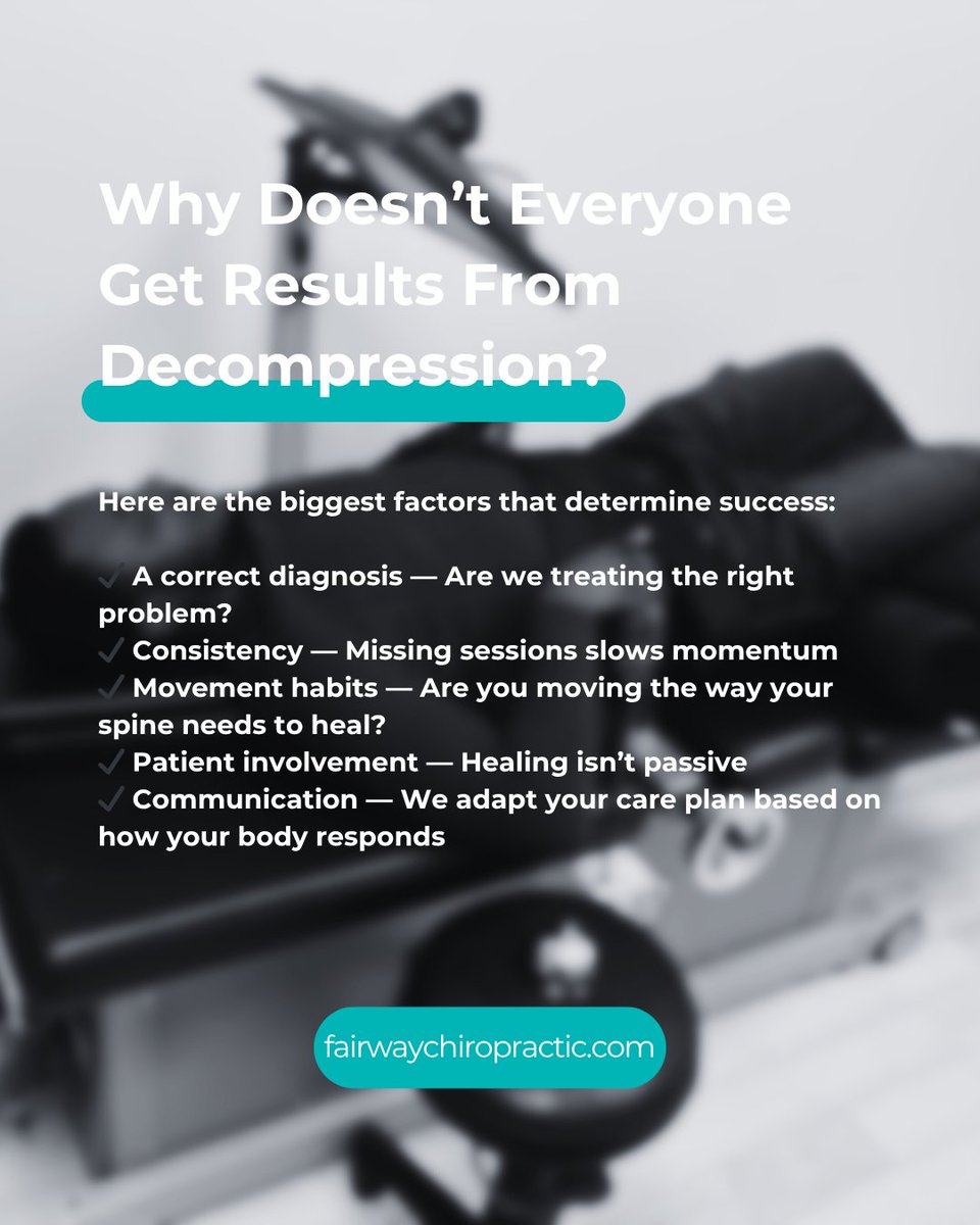 fairwaychiro_'s tweet image. Why Doesn’t Everyone Get Results From Decompression?

Time is a factor, yes. But it is critical to pinpoint the cause behind the disc injury so that the habits that caused it are changed - otherwise full healing will never occur.

#DiscHealing #SpinalDecompression #Chiropractic