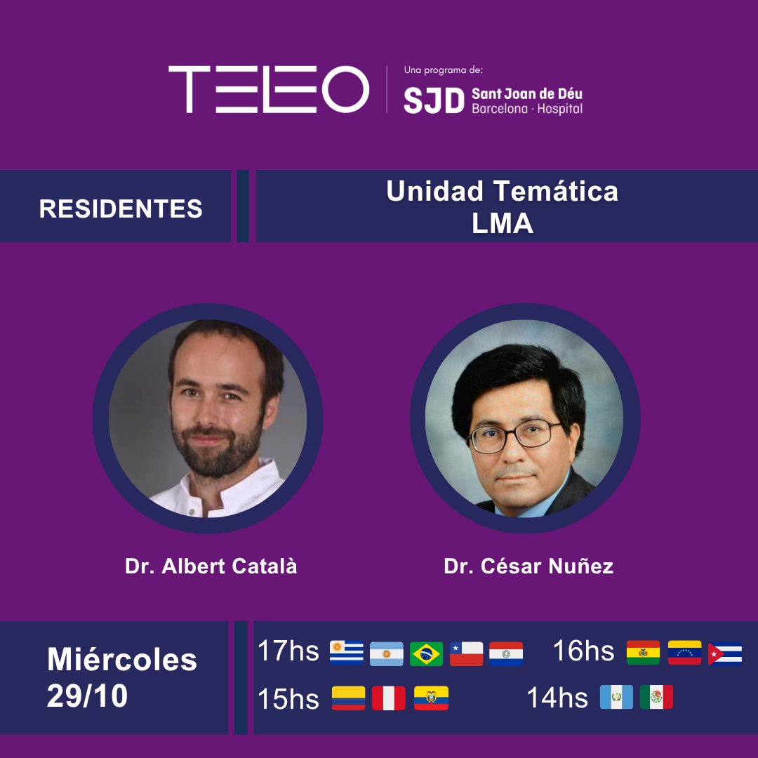 ProgramaTeleo's tweet image. Hoy en TeLeo, en vivo: residentes de oncología pediátrica se reúnen para integrar lo aprendido en la unidad de LMA, junto a Albert Català (SJD Barcelona) y César Núñez (MD Anderson Cancer Center).

🎥 La clase quedará disponible en teleosjd.org